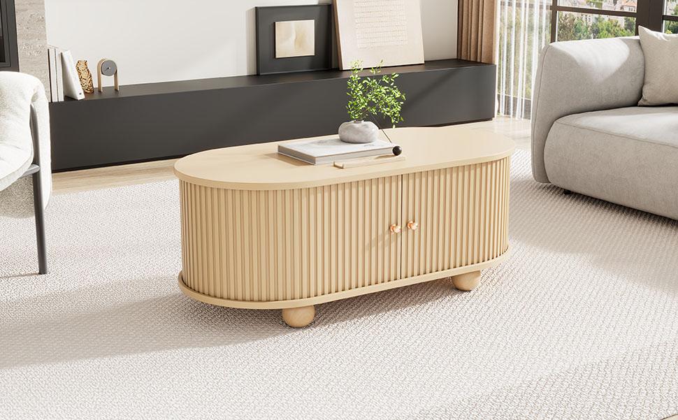 Tavolino da Caffè Ovale con Contenitore e Ante Scorrevoli, Mobile Multifunzionale Salvaspazio in Colore Legno