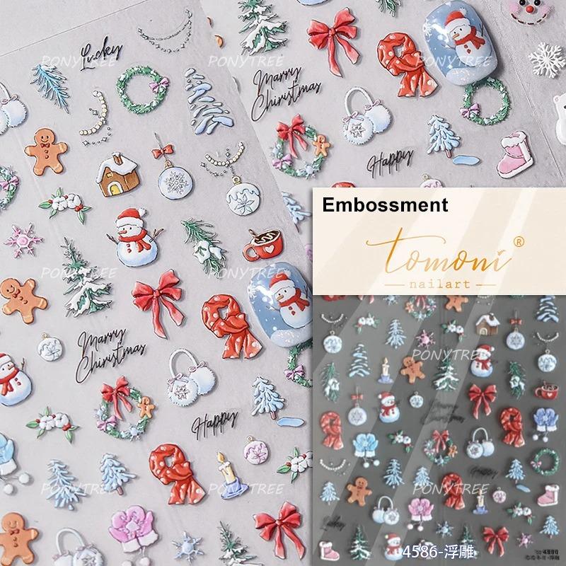 Gold Stamped Snowflake Stars White Christmas Tree Red Bowknot Cute 3D Nail Art Stickers Xmas Lovely Manicure Decals