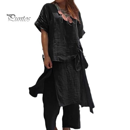 

Женский комплект из хлопка и льна, состоящий из двух предметов: короткий рукав, круглый вырез, завязка по бокам, верх и широкие брюки, повседневный комплект для отдыха XXL чёрный