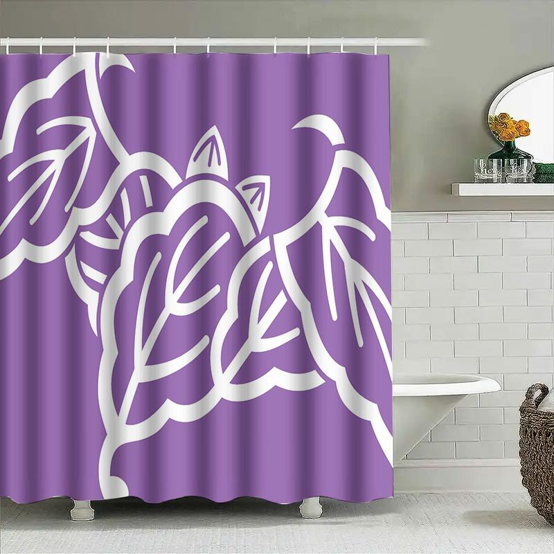 Purple Shower Curtain With White Leaf Pattern Modern Bathroom Decor Waterproof Fabric Material For Home Improvement Easy Install