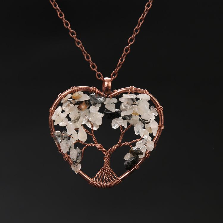 Hand-Wrapped Retro Natural Gravel Tree Of Life Colorful Heart-Shaped Tree Root Fortune Tree Necklace N35