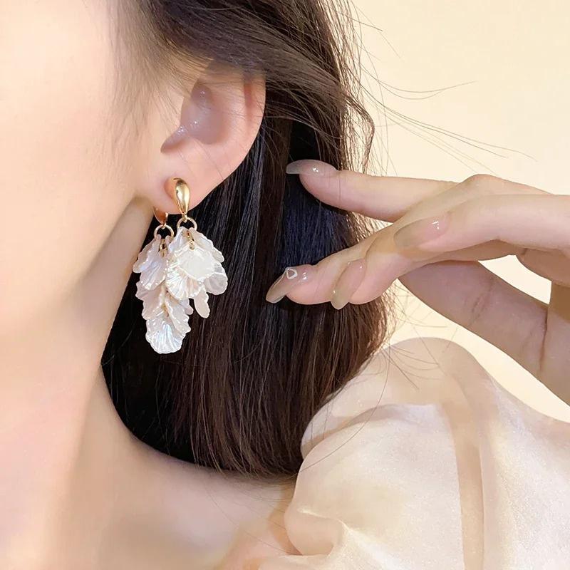 Korea New Design Fashion Jewelry Resin Shell Fringe Front And Back Earrings Elegant Women Beach Party Accessories