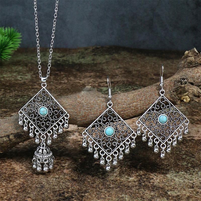 GemChic Women's New Classical Ethnic Alloy Hollow Bell Tassel Pendant Necklace Earrings Two Piece Set Birthday Christmas Jewelry Gift