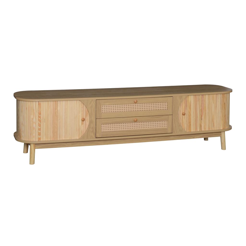 TV Cabinet - Natural Wood Blend TV Cabinet with Doors and Drawers. TV Stand with Rattan Sides. Storage Solution, Natural Country Style