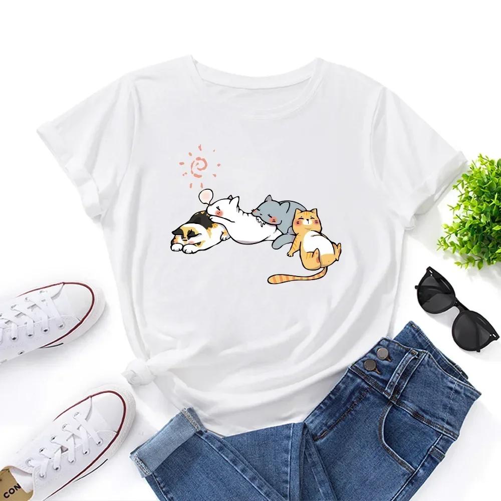 Women Tshirt Summer FeUnisex Tops Graphic T Shirts Women Tshirt Sleeping Cat Graphic Print Tees Shirt Harajuku Aesthetic Clothes S
