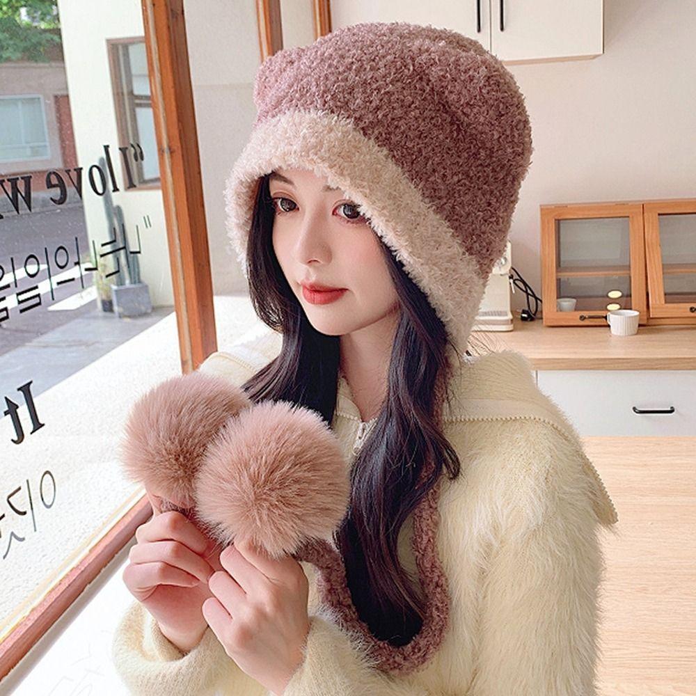 

Skull Cap Cat Ears Beanie Woolen Hat Plush Hat Cute Bear Ears Knitted Hat Warm бежевый