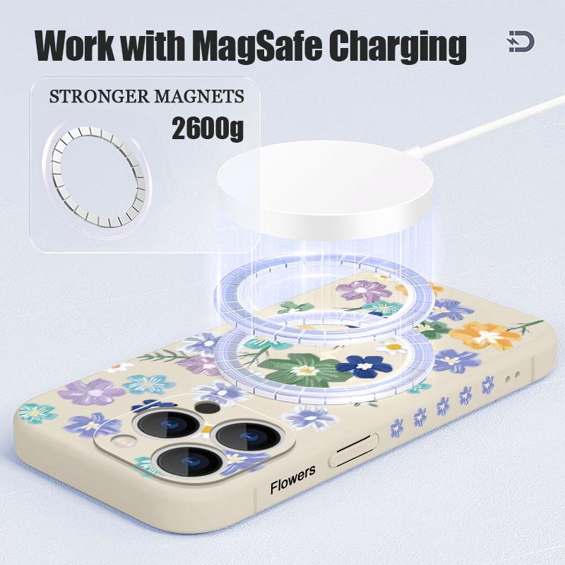 Flowers Print Magnetic Case For iPhone Air 16e 17 16 15 14 13 12 Pro Max 11 For Magsafe Wireless Charge Silicone Soft TPU Cover