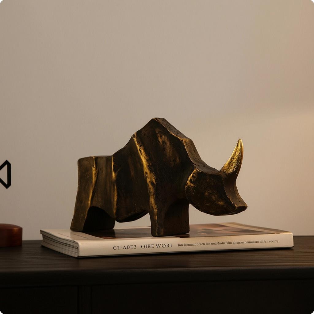Rhino Sculpture Antique Rhino Statue Sculpture with Gold Tusk Geometric Rhinoceros Statue Rustic for Art Collectors, Tabletop