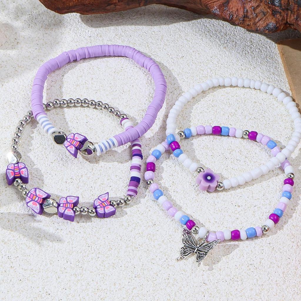 Purple Butterfly Flower Beaded Bracelet - Women's Bohemian Multi-layer Stackable Hand Jewelry.