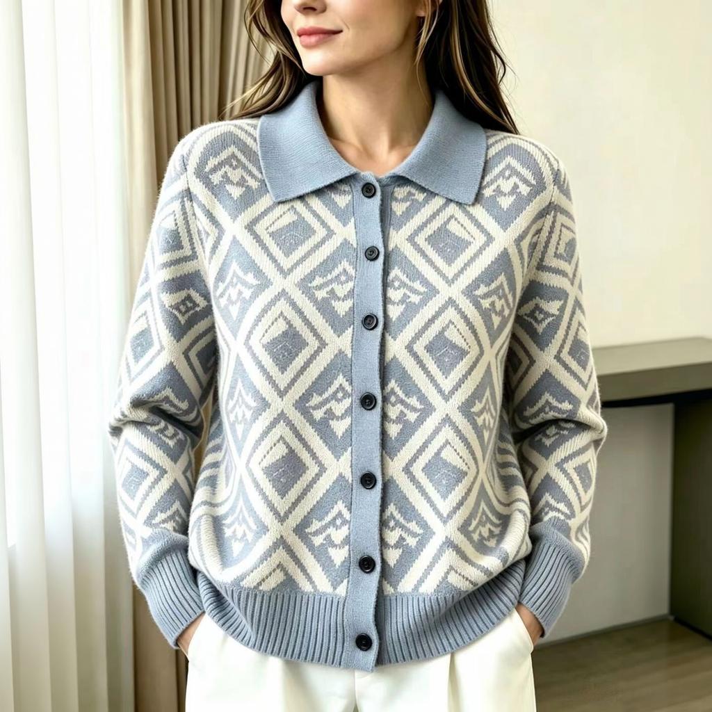 Women's Casual Loose Fit Plaid Cardigan Sweater with Collar Long Sleeve Fall Winter