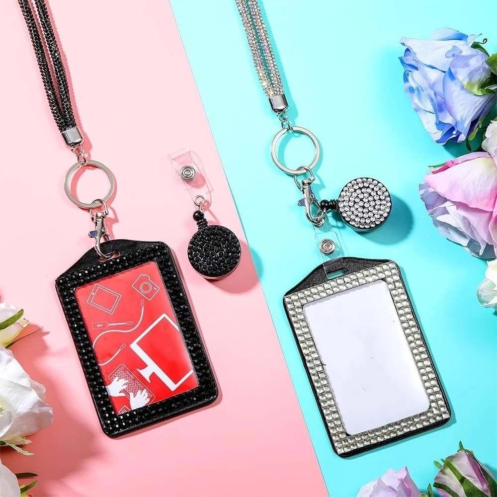 Rhinestone Decorated ID Holder with Lanyard Bling Retractable Badge Holder for Students