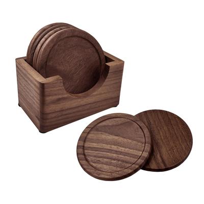 LANGYU Stilvolle Untersetzer aus Holz, Set mit 6 Stück, mit Aufbewahrungsbox, Runde Untersetzer aus natürlichem Walnussholz, Wasserdicht, Rutschfest, Isolierte Untersetzer, Geeignet