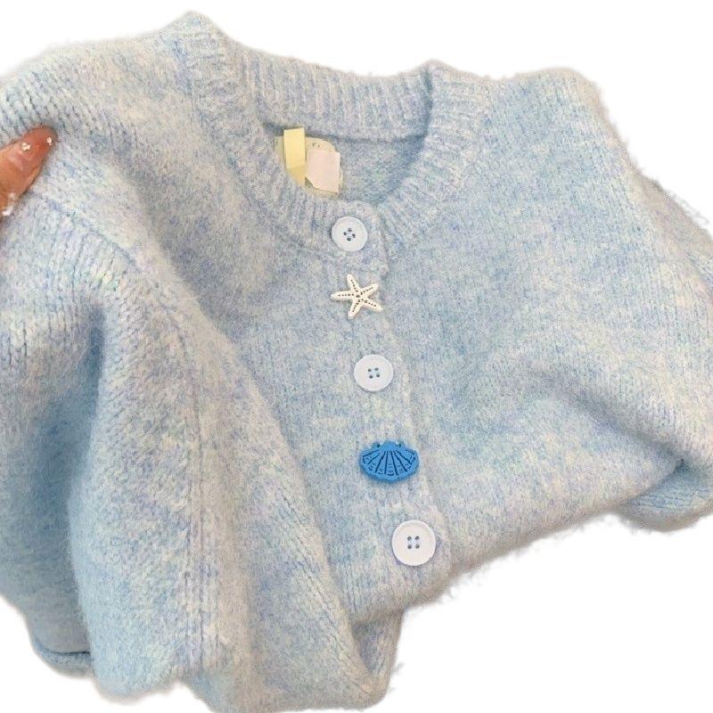 Milk Blue Gentle Wind Soft Waxy High-end Knitted Women's Clothing Cardigan Autumn and Winter Lazy Age-reducing Versatile Sweater Women's Top