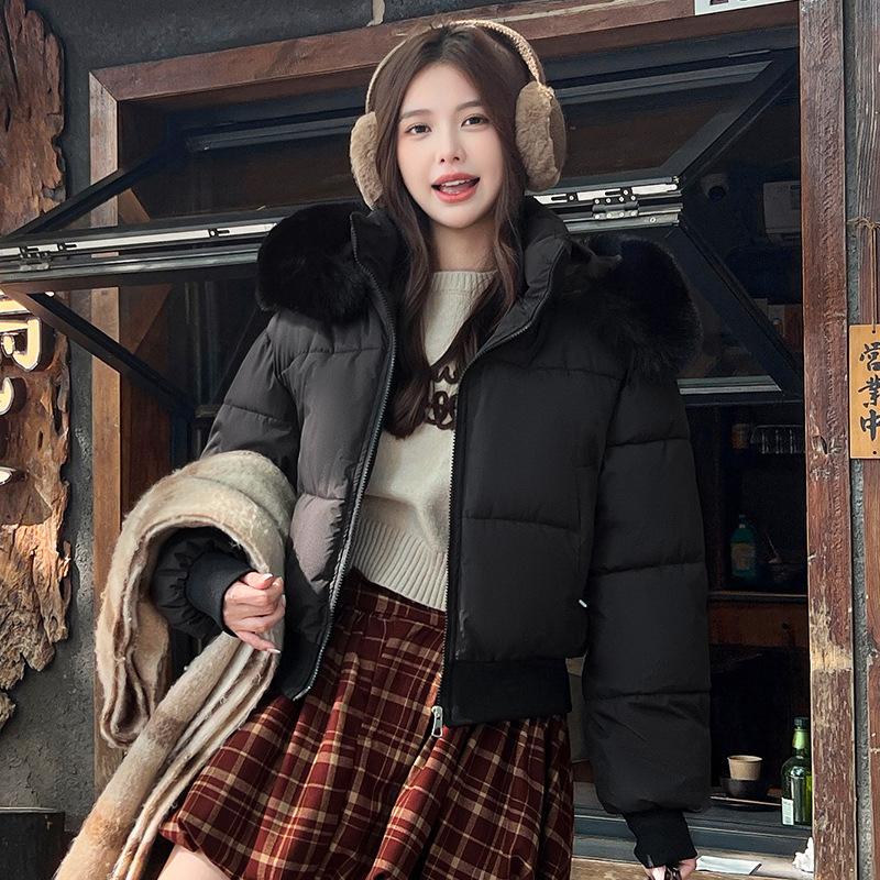 Wind hooded big fur collar cotton clothes women's winter new high waist short bread clothes jacket
