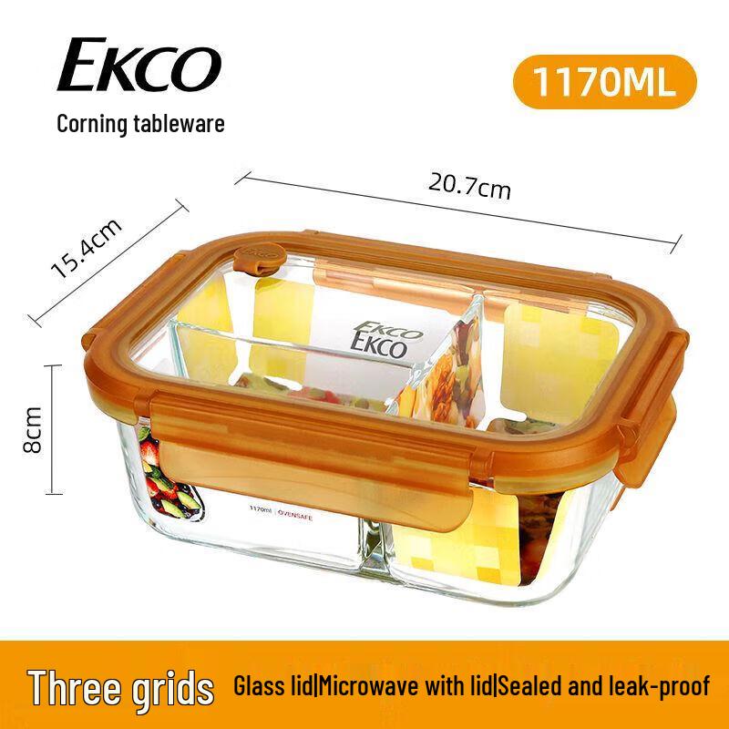 EKCO Corning 1170ml Square 3-Compartment Glass Lunch Box