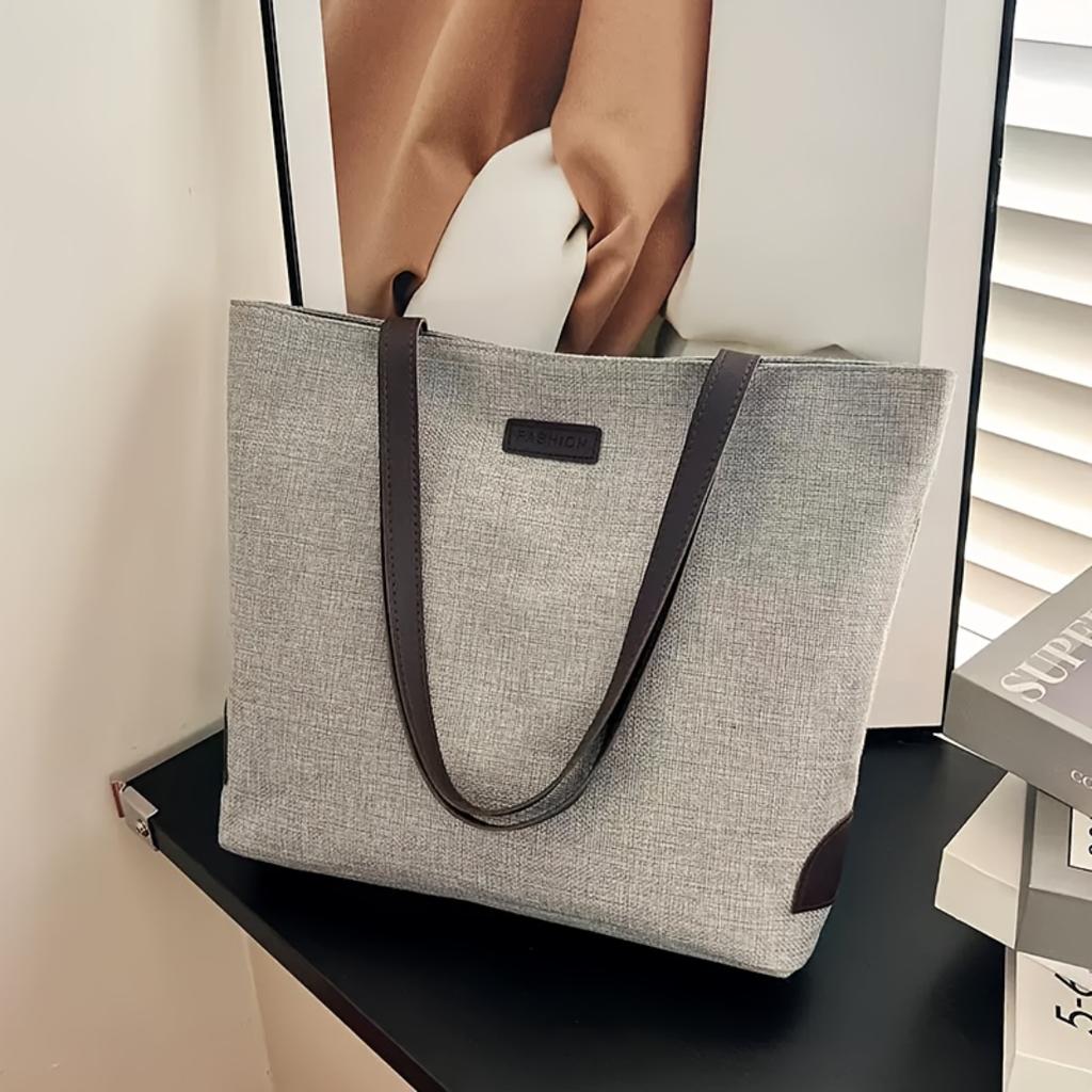 Women Minimalist Beige Large Tote Bag, Brown Shoulder Strap Zip Closure Handbag, Durable Easy Clean Shoulder Bag For College Work Daily Use