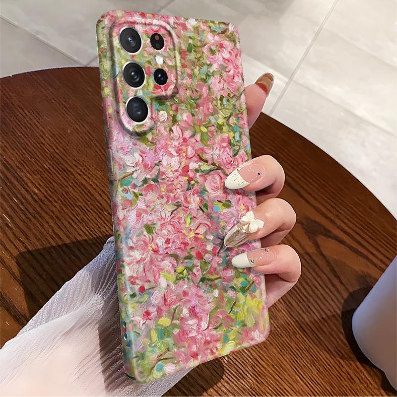 Oil Painting Wind Powder Flower Tree Samsung S24/S23Ultra Mobile Phone Case Thermal Transfer Five-sided Printing Galaxy S22 +