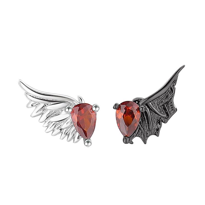 PANJBJ 925 Sterling Silver Red Zircon Studs Earring For Women Neo-Gothic Punk Wing Feather Angel Devil Jewelry Gift Dropshipping