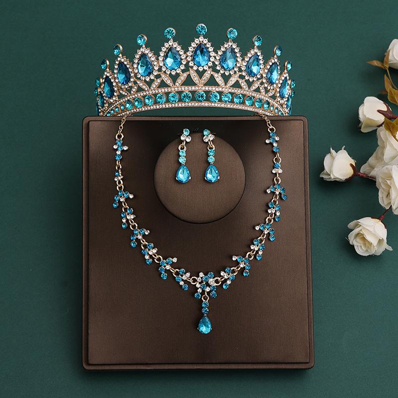 DIEZI Princess Bridal Rose Red Crystal Crown Tiara Women Girls Wedding Party Rhinestone Tiaras Necklace Earrings Jewelry Sets