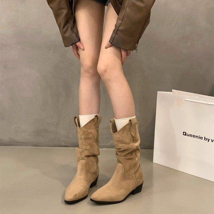Cowhide version of Maillard boots, new pointed mid-boots, brown women's boots, pleated stacking boots, khaki cowboy boots