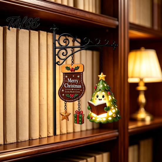 Festive Reading Nook Accents Christmas Bookshelf Hanging Light, Snowman Book Lamp, Metal Decorative Supports Floating Library Lantern Decor,