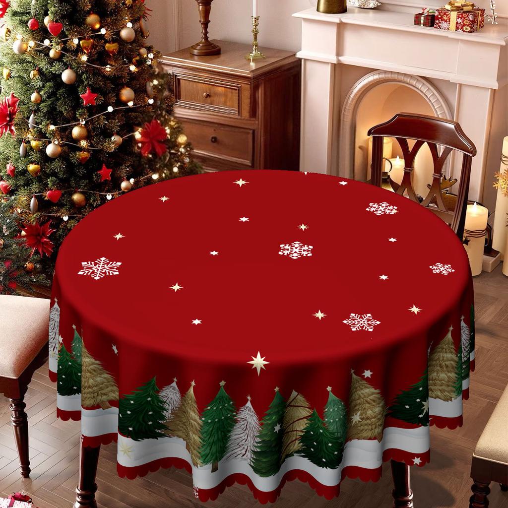 Red Christmas Grid Waterproof Dining Table Cloth, Rectangular/Round Snowflake Christmas Tree Pattern Light Luxury Dining Table Cloth