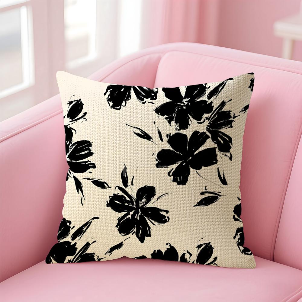 Black Ink Flower Cushion Cover Natural Linen Pillow Case DoubleSided Print Decorative Sofa Pillowcase Home Decor Gift