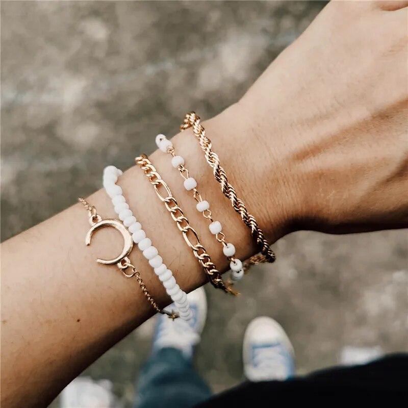 5Pcs Set Bohemian Moon Rice Bead Ball Chain Twisted Bracelet Set For Women Trendy Beaded Bracelets Friendship Jewelry Gifts