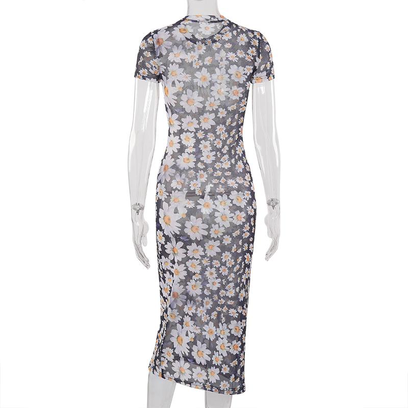 

2023 Y2K Естетичний короткий рукав Skinny Bodycon 90-х років Вінтажна довга сукня Літній одяг Соняшникова сукня Сітка Прозорі сукні L чорний