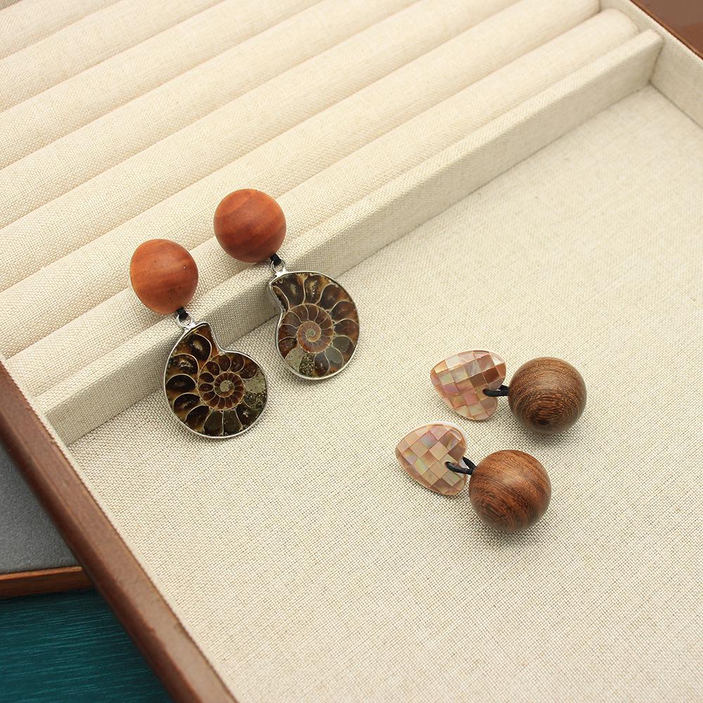 Raw Ore Conch & Shell Heart Wood Stud Earrings – High-End Niche Design