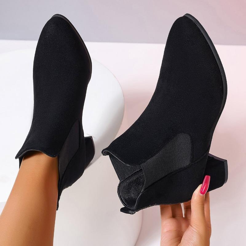 

Осень Зима Женские Ботинки Острый Носок Слипоны Женские Ботильоны Модные Простые Туфли Низкий Каблук Короткие Челси Ботинки Botas Mujer 35 чёрный