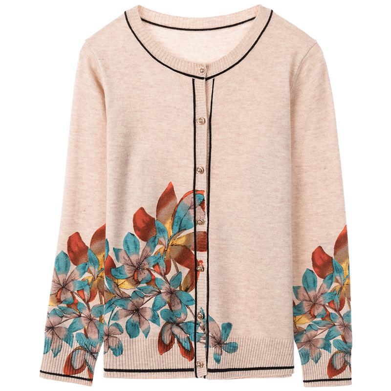Single-Breasted Long Sleeve Wool Cardigan with Round Neck and Knitted Print 83111