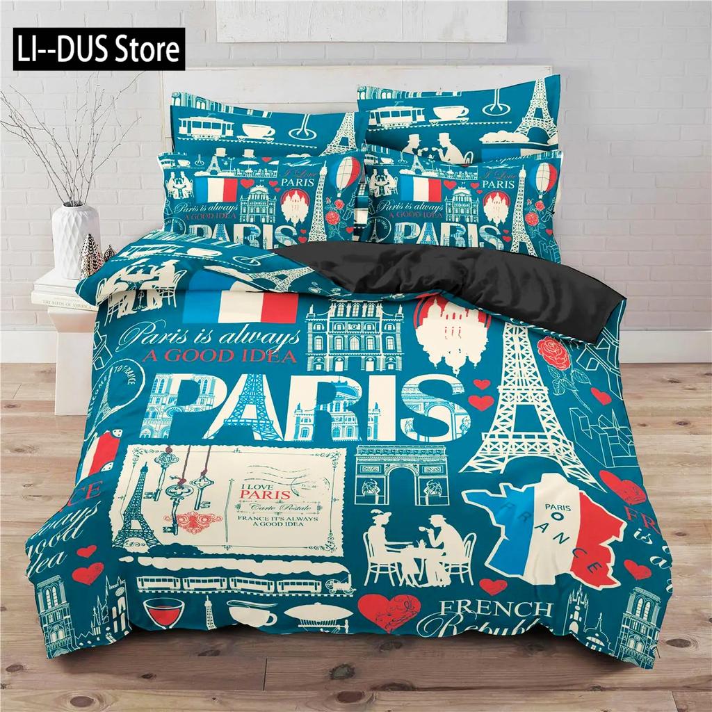 Comforter Eiffel Tower King Size Paris Tower Bedding Set Microfiber French Style Home Decor Grey Cityscape