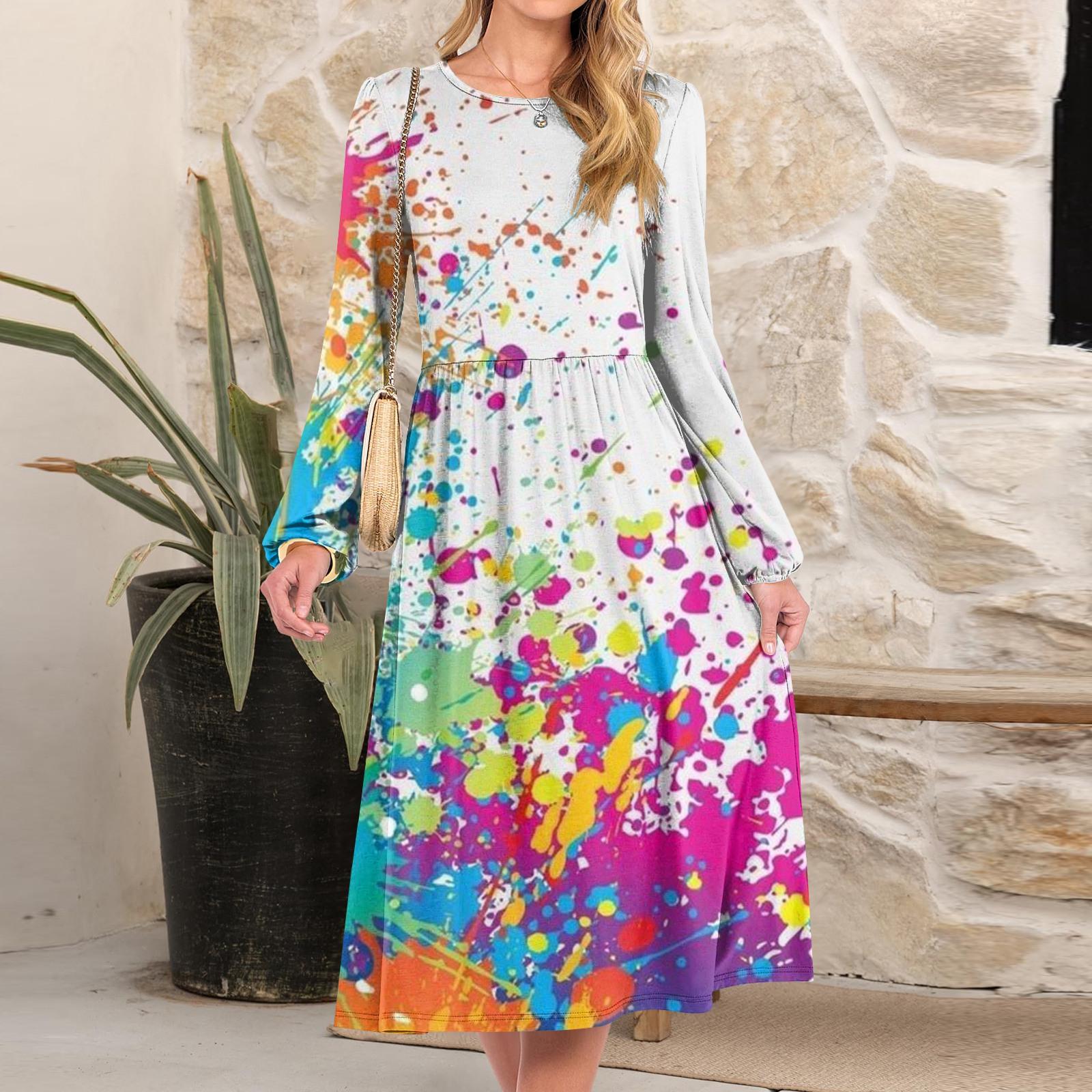 

Женское модное свободное платье в стиле ретро с принтом и круглым вырезом M фиолетовый