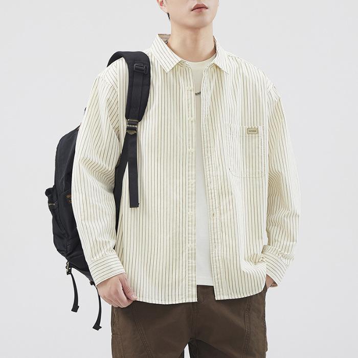 

Japanese Retro Men s Loose Striped Shirt Casual American Work Shirt Jacket 4XL