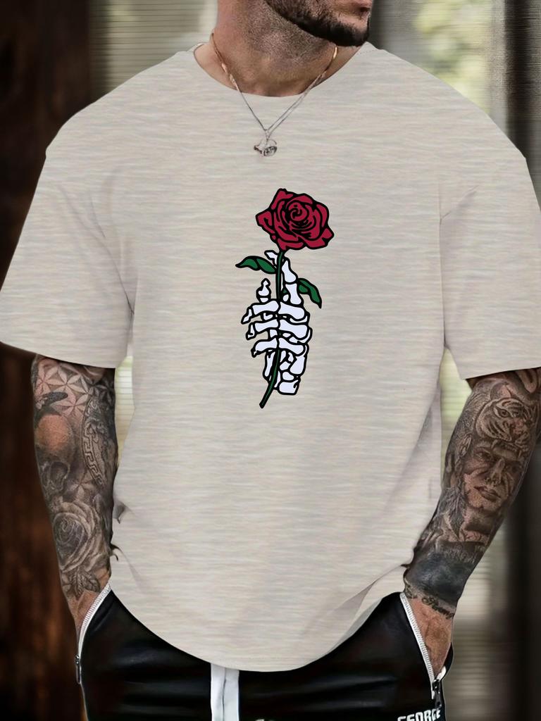 2025 Summer Essential Mens Tee Edgy Artistic Vintage Inspired Goth Skeleton Hand Rose Print 100 Cotton Short Sleeve Casual Top