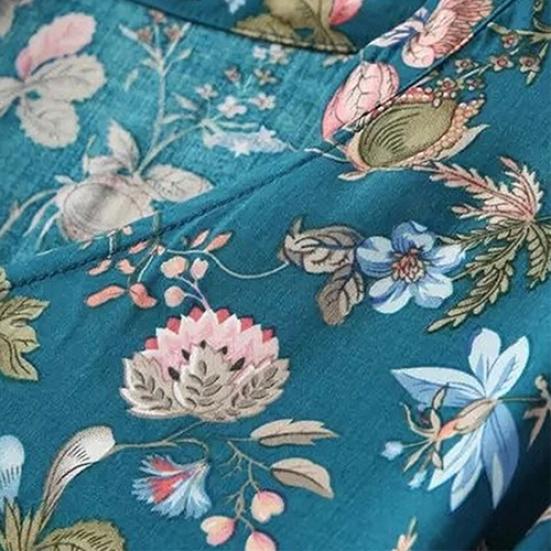 Women Casual Long Sleeve V-neck Floral Print Shirt Chiffon Blouse Irregular Top