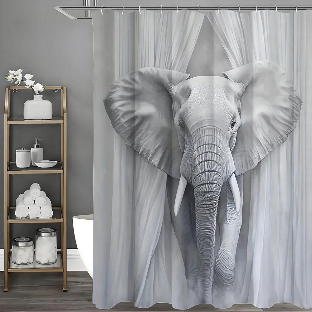 

Gray Elephant Shower Curtain, Bathroom Decorative Shower Curtain, Waterproof Shower Curtain with Hooks 180x180cm W90xH180cm