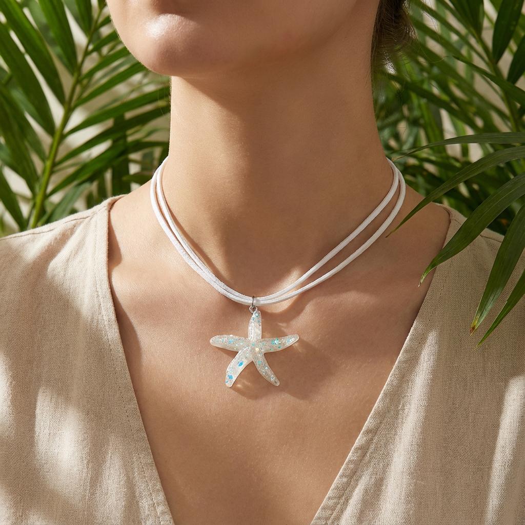 Multilayer Creative White Blue Starfish Pendant Necklace For Women Fashion Large Starfish Neck Short Choker Beach Party Jewelry