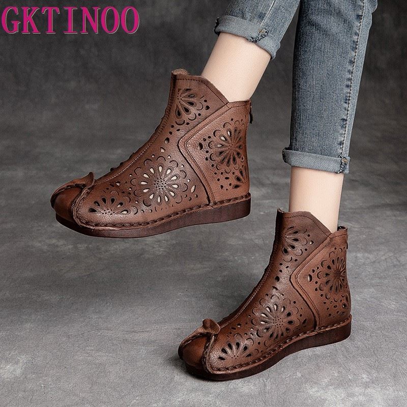 GKTINOO Sommersandalen Echtes Leder 2025 Neu Retro Atmungsaktiv Ausgehöhlte Stiefel Handgefertigt Damen Clogs Flats Schuhe