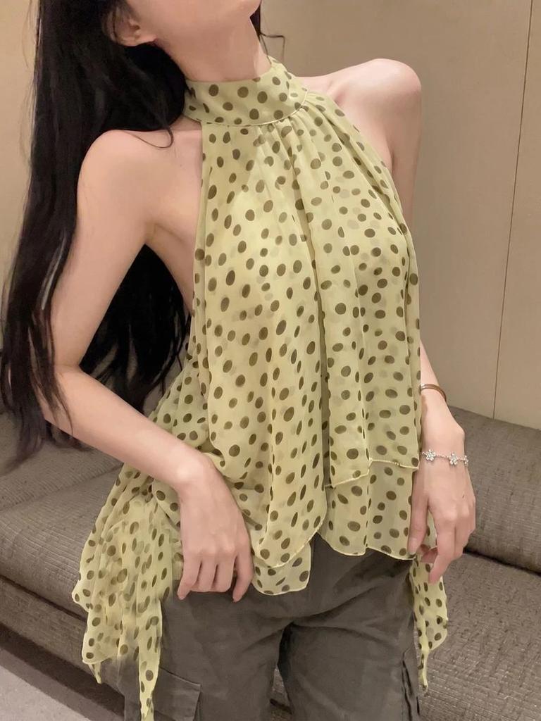 French sweet style temperament polka dot neck vest women's summer new vacation style retro sleeveless top Korean wear