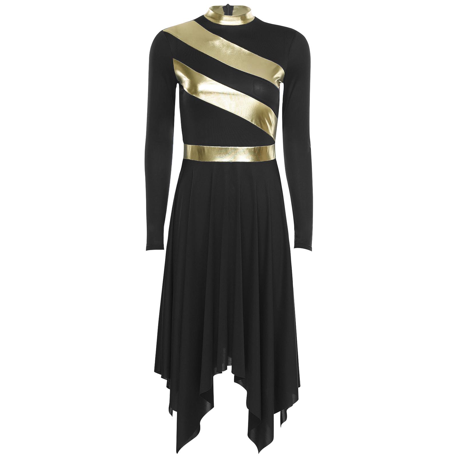 

Womens Worship Dance Dress Metallic Patchwork Long Sleeve Irregular Hem Tunic Lyrical Performance Gown S чорний