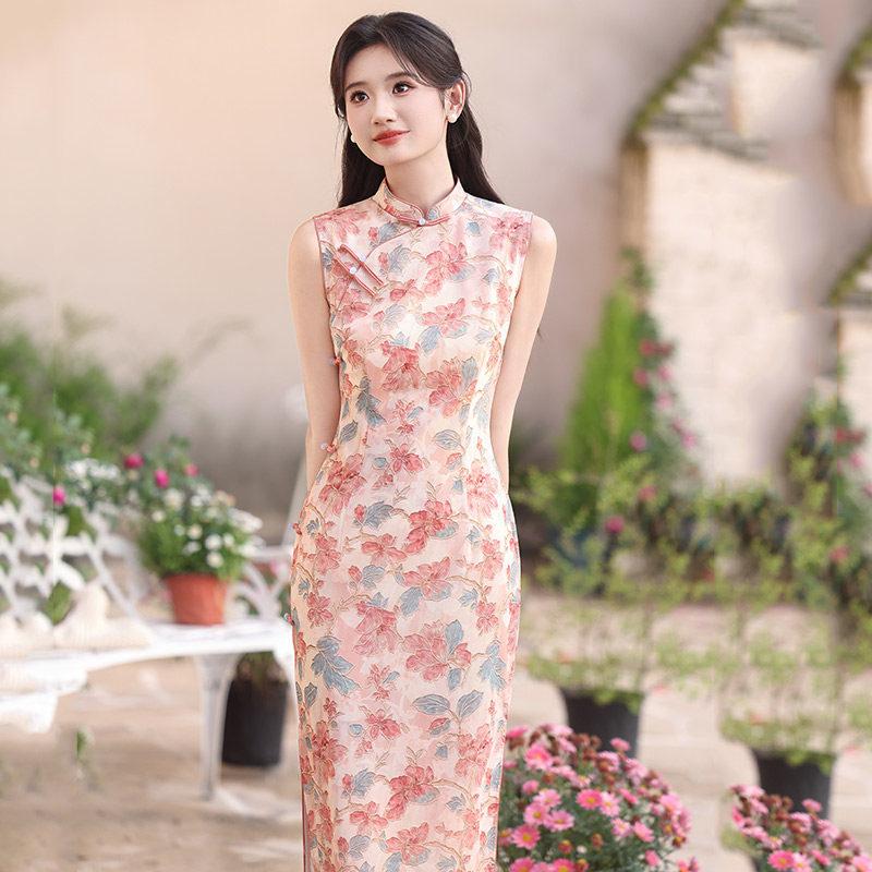 Pink Sleeveless National Style New Chinese Daily Suzhou Long Cheongsam Improved Young 1011 New Women's High Sense