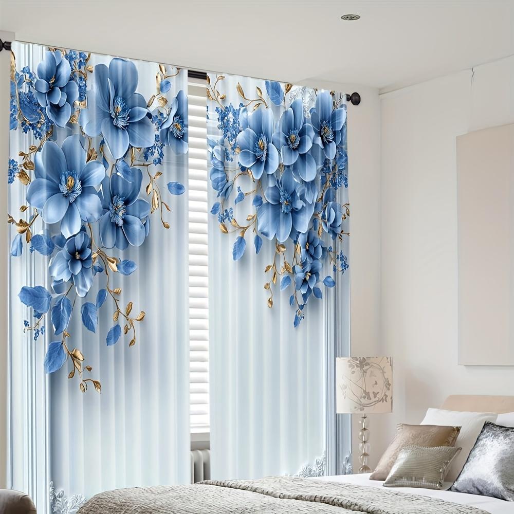 2pcs Elegant Blue Floral Print Curtains – Polyester Rod Pocket Panels for Dining Room   Bedroom & Living Room