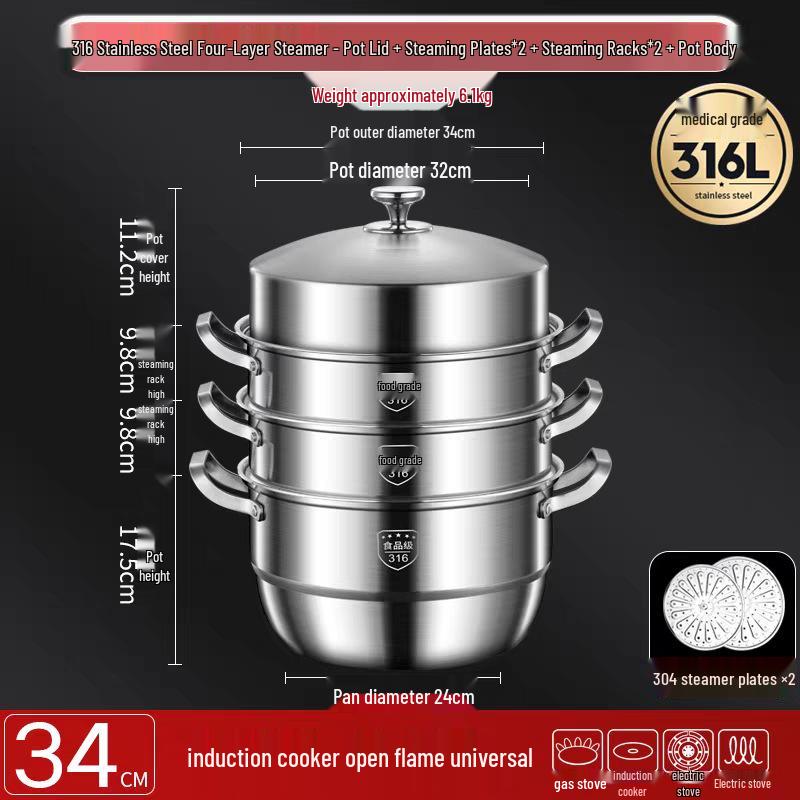 316 Stainless Steel High-Rise Steamer Pot, Extra Thick, Food-Grade, Large Capacity, Versatile 3-4 Layer Soup Pot