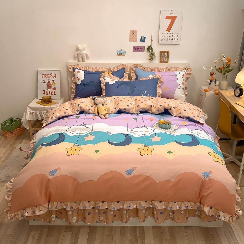 Korean Style Bed Skirt Four-piece Set Pure Cotton Edge Bed Sheet Thickened Plant Cashmere Brushed Skin-friendly Bedding