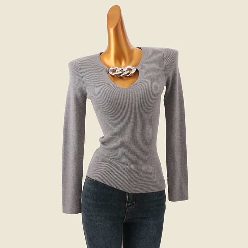 Quality Six Wool V Neck Chain Bottoming Shirt Small Sunken Stripe Silm Long Sleeves Knitting Inner Match Slimming Tops
