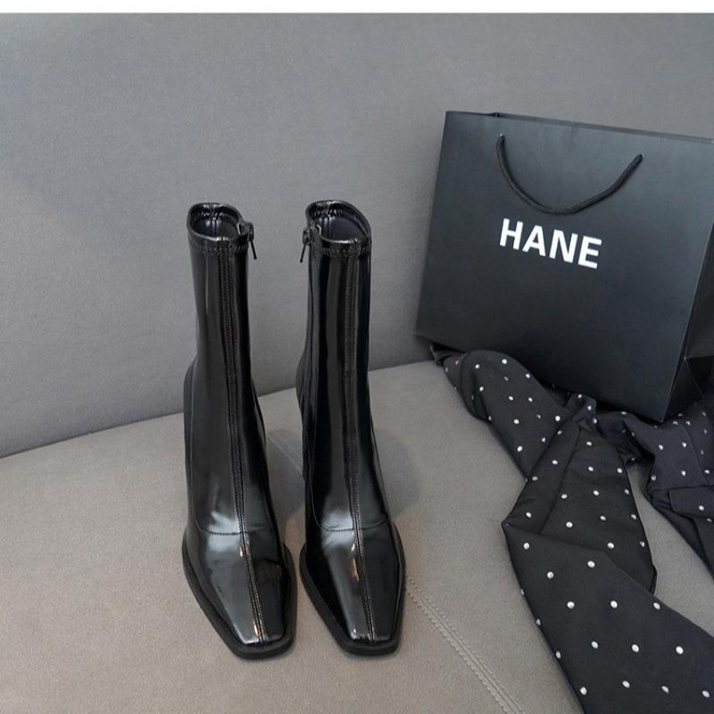 Fashion New Style Luxury Women's Boots Autumn Women's Fashion Square High Heels Patent Leather Shoes Ankle Boots Black Women's Zipper