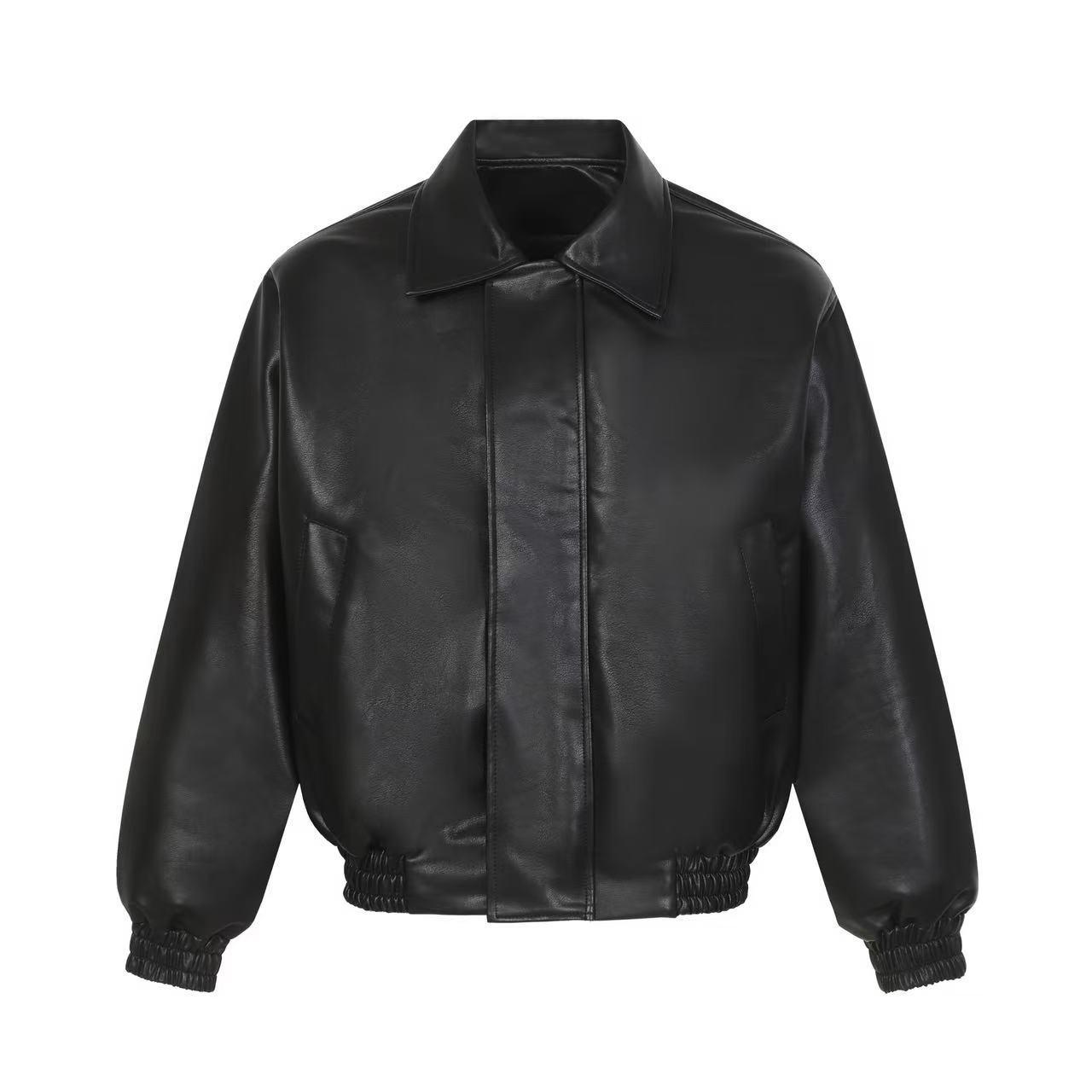 

Men s Black PU Leather Padded Shoulder Jacket - Short, Boxy, Warm, American Style for Autumn/Winter M [50-60 kg] чорний