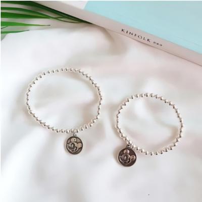 Simple Ball Chain Daily 925 Silver Couple Bracelet with Antique Mickey Ball